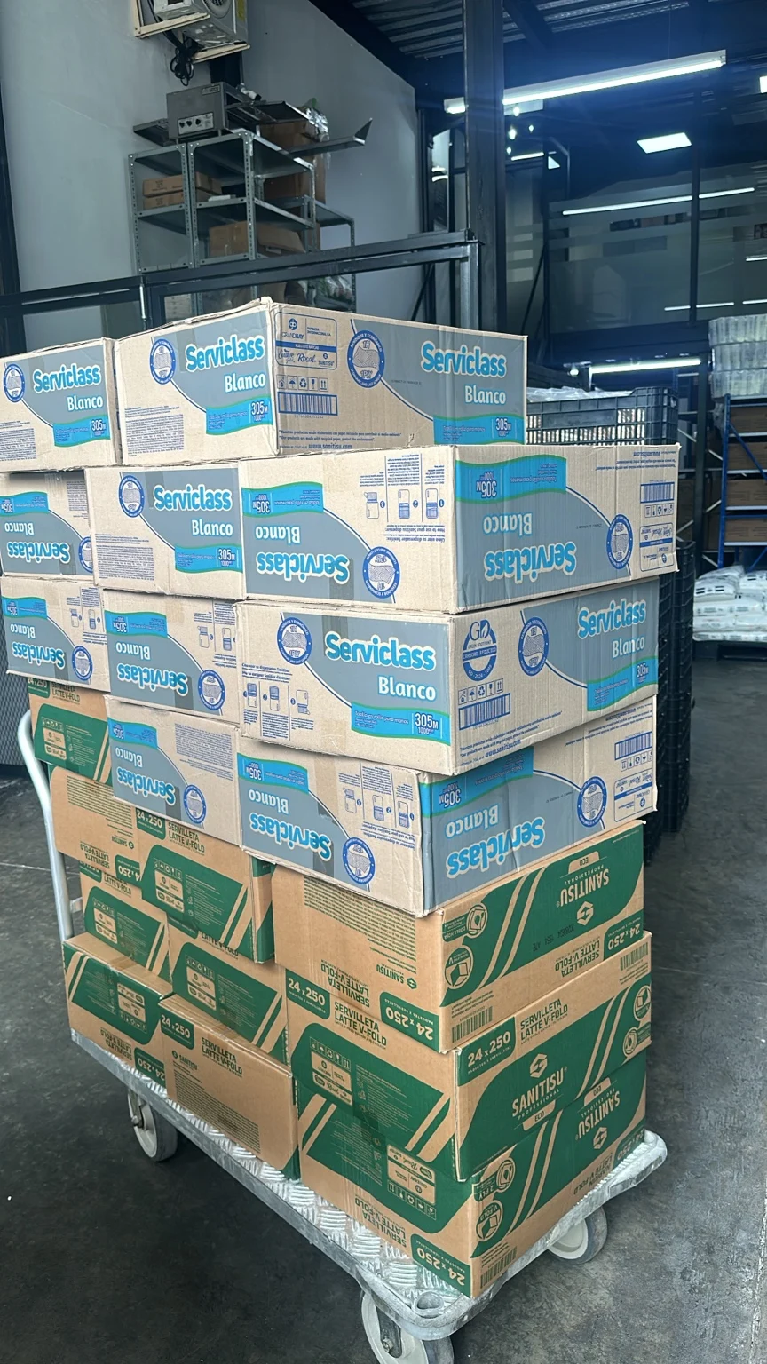 Entrega real de cajas de papel toalla y servilletas Sanitisu Latte V-Fold