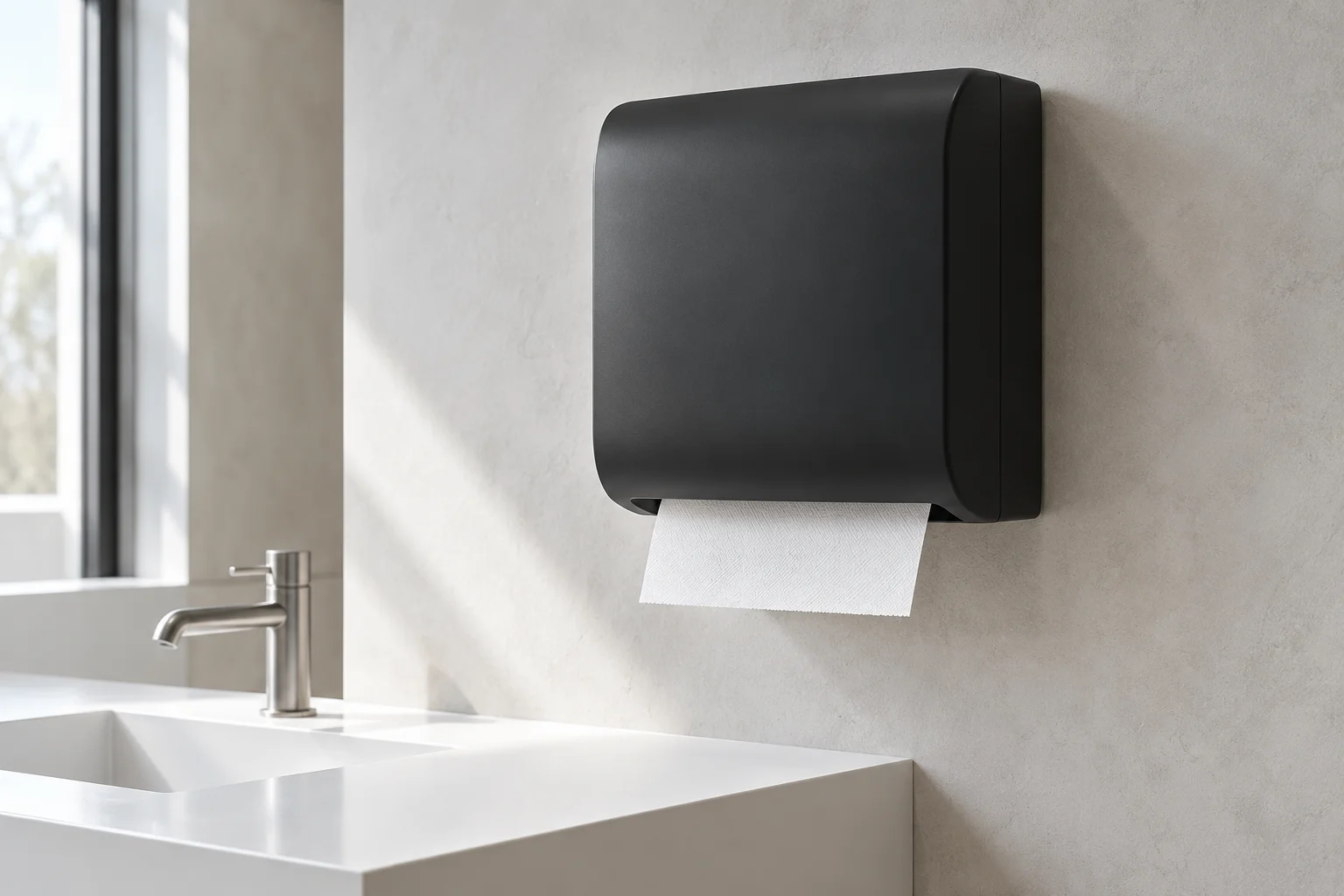 Ambiente ilustrativo con dispensador de papel toalla instalado junto a un lavamanos